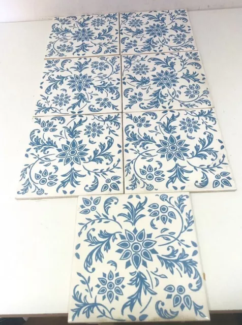 7 X Vintage Architectural Salvage 15Cm Square Tile Floral Blue & White Ah30