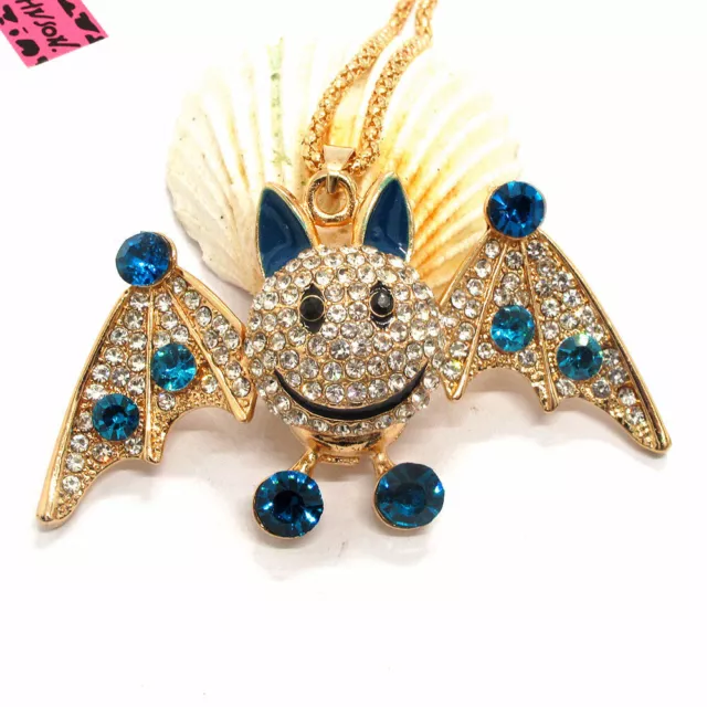New Betsey Johnson Blue Bling Cute Bat Crystal Animal Necklace Sweater Chain