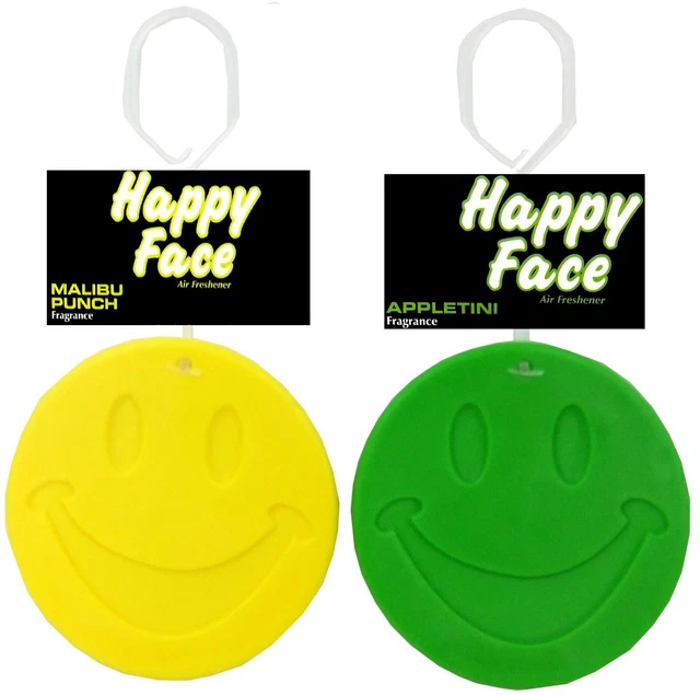 2 Car Air Fresheners Green & Yellow Happy Smile Face Scent Hanging Freshener New