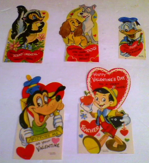 5X VINTAGE St Valentine's Day USED Die-Cut "Walt Disney" CARD LOT: 1940s & 1950s