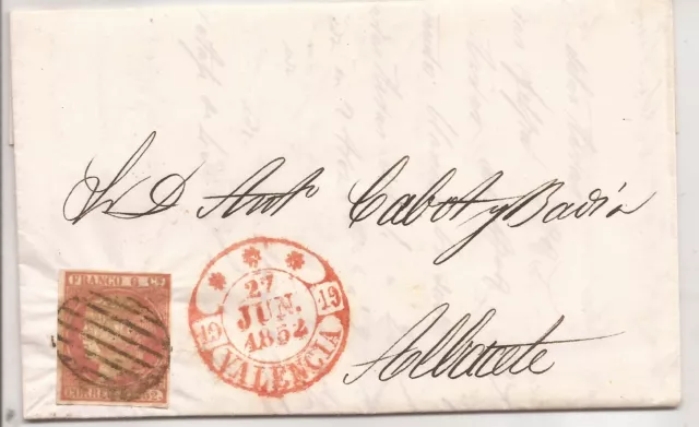 1852 Carta circulada de Valencia a Albacete Edifil 12 VC 28,00 €