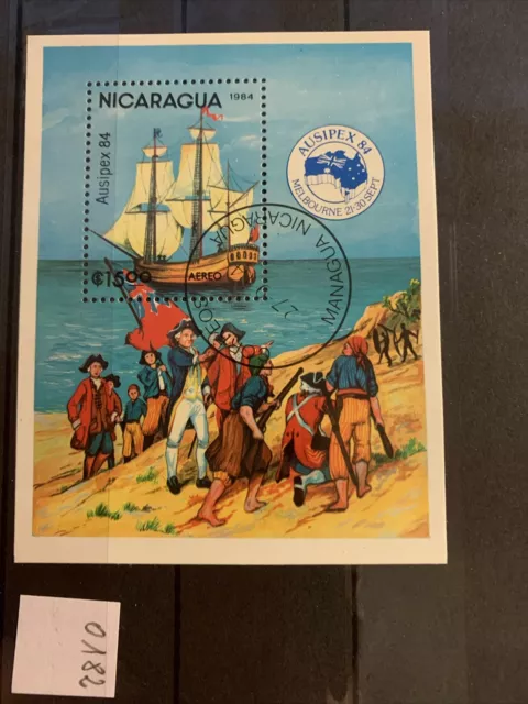 Briefmarkenblock, Nicaragua, Ausipex 84, Segelschiff, gestempelt auf Steckkarte