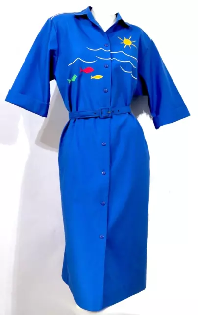 Vtg Cobalt Belted Cotton Shift Dress Embroidered Fish Sun Willi California PL