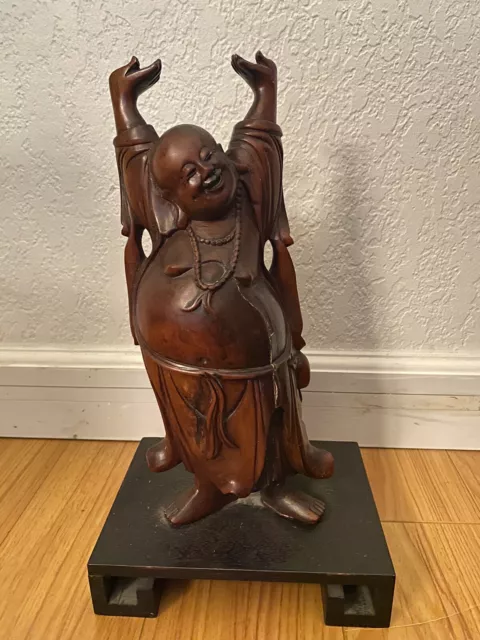 Standing Laughing Buddha Statue 12" Wood Taiwan Vintage Feng Shui Happiness Luck