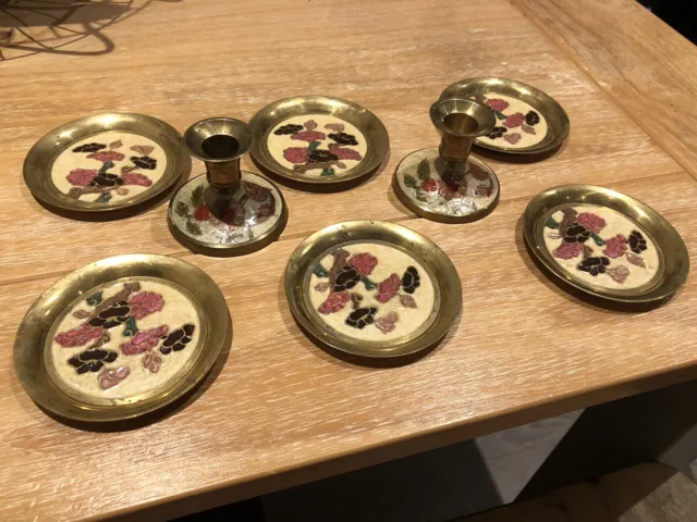 Pair Of Solid Brass & Enamel Candlestick Holders And 6 Coasters Hand Painted