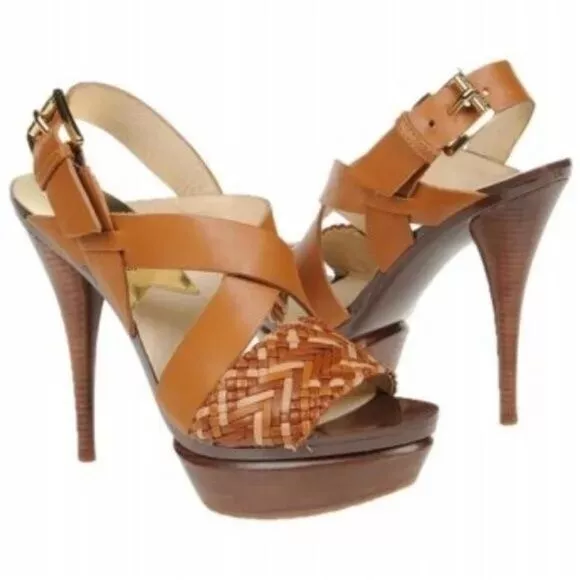 Michael Kors Juniper Teak Leather Combo Platform Sandals Heels, 9M