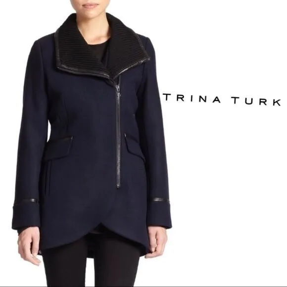 Trina Turk Wool Coat 4 Small Blue Navy Black Jacket Zip Mackenzie Leather Trim