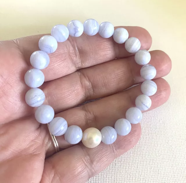 Natural Blue Lace Agate Bracelet 8mm Fresh Water Pearl Calming Crystal Gemstone