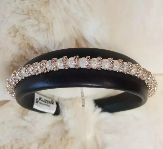 Leather headband with beads. Bejeweled Padded Rhinestone Hair Hoop