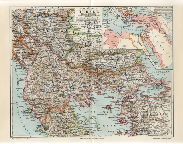 1907 EUROPEAN TURKEY OTTOMAN EMPIRE CONSTANTINOPLE SERBIA GREECE Antiq.Map dated