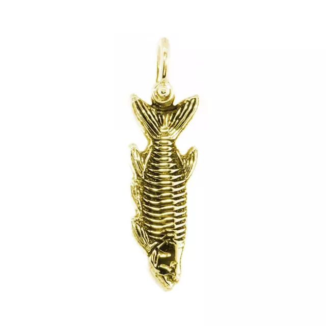 Hanging Fish Skeleton Charm with Black, 1 Inch Size by Manny Puig in 14k Yellow