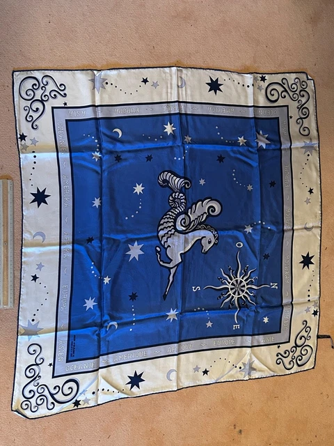 Foulard En Soie Vintage Motif Chainette - Couleurs Bleu, Jaune, Or, Style Bandana Ou Carré, Occasion