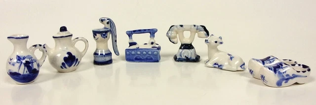Lot of (7) Mini Delft Blue Miniature Figurines Telephone Iron Teapot Pump & MORE