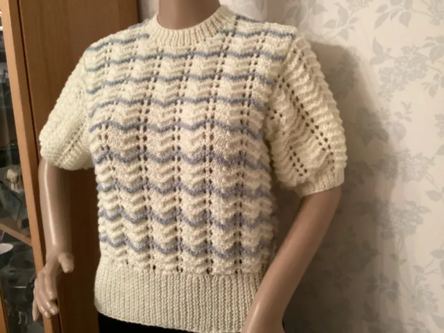 Hand Knitted Lady's 40s/50s Vintage Style Jumper-36” Cream and Duck Egg