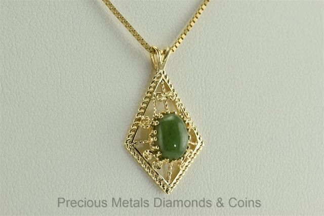 14k Yellow Gold Polish Oval Nephrite Jade Cabochon Filigree Pendant w/18" Chain