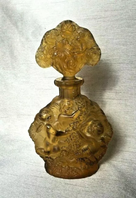 Botella de perfume de vidrio satinado ámbar bohemio francés Art Deco querubines H. Hoffman 2