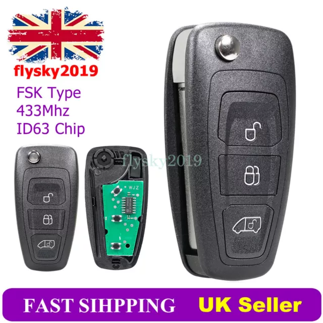 3 Button Remote Flip Key Fob For Ford Transit Custom 2014-2016 ID63 Chip 433Mhz