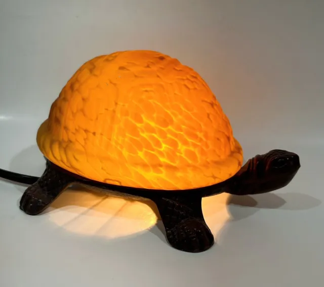 Vintage Turtle Lamp Night Light Amber Glass TortoiseShell Cast Metal Corded READ