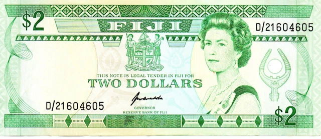 1995 Fiji 2 Dollar Bank Note P 90 Queen Elizabeth II as pictured D/21604605