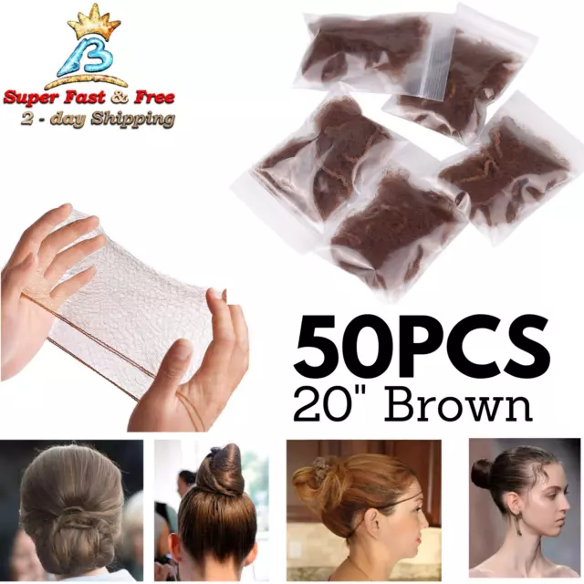 50 PCS Hair Net For Women Men Fish Net Snood Elastic Edge Mesh Bun Brown 20" NEW