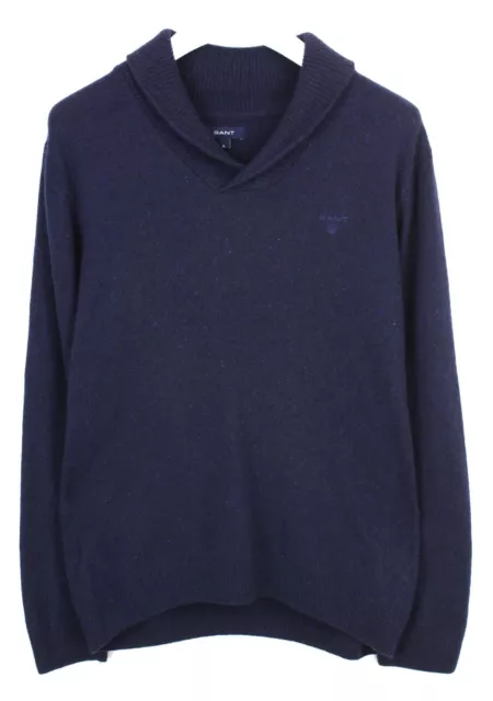 Gant Maglione Uomo Grande Pullover Lambswool Misto Scialle Collo Blu