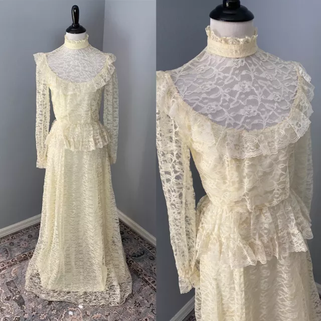 Vintage prairie Wedding dress Bridal gown 70s cottage Country lace Victorian S?