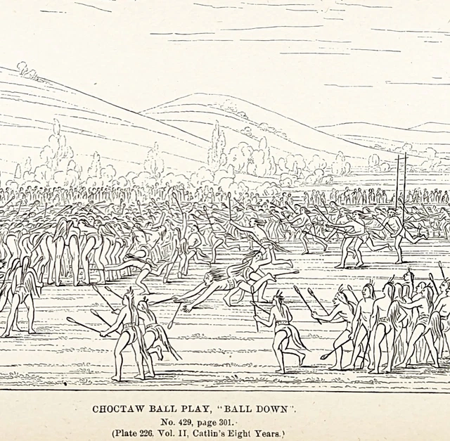 1885 Choctaw Ball Play Lacrosse History Engraving G. Catlin Native American