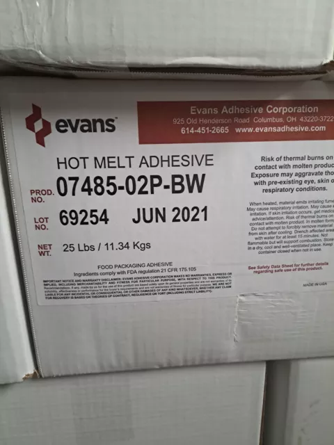 Evans Adhesive 7485 Hot Melt Pellets Glue Chips 25 Lb FDA Food Packaging