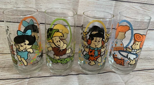 Vintage 1986 Flintstone Kids Pizza Hut Glasses Full Set of 4 Hanna Barbera-mint