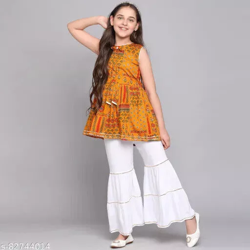 Girls Foil Printed Kurta And Sharara Set, Rayon Without Dupatta A-line 2