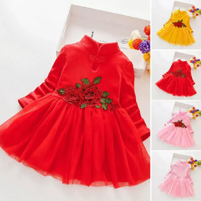 Toddler Girls Kids Flower Princess Long Sleeve Wedding Brithday Casual Dress