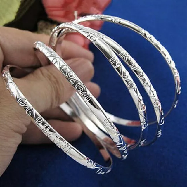 5Pcs 925 Silver Carving Cuff Bracelet Bangle Jewelry Sets For Women Lady Fashion 2