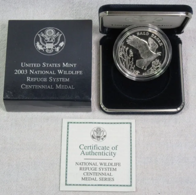 2003 US Mint National Wildlife Refuge Bald Eagle Centennial Silver Medal Box/COA