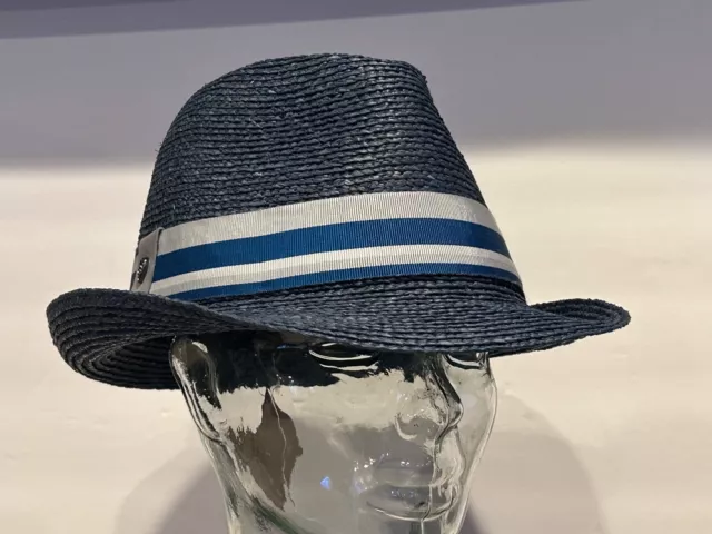 Helen Kaminski XY Straw 100% Raffia VOHEMAR Fedora Hat Indigo Melange  - NEW