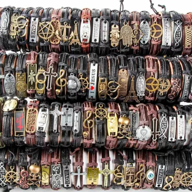 Wholesale lots 30pcs Mixed Styles Vintage Alloy leather Cuff Bracelets Jewelry