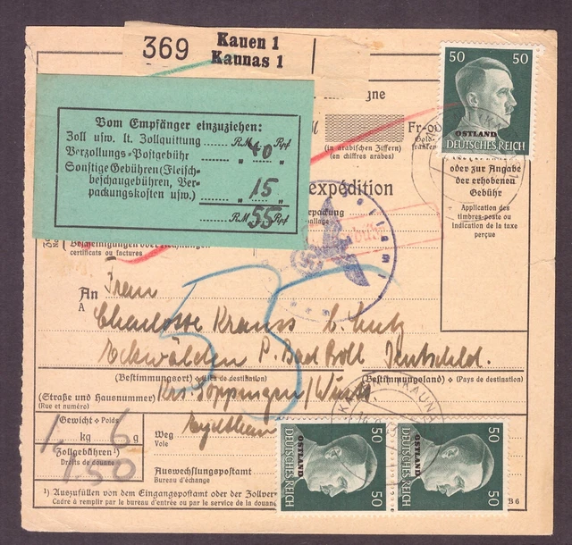 Ostland Litauen Paketkarte Kaunas nach Göppingen mit Zollzettel + Nachgebühr!!2
