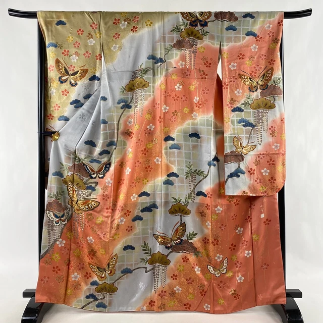 Japanese Silk Kimono Vintage Furisode Gold Grey Butterfly Embroidery Robe 64in.