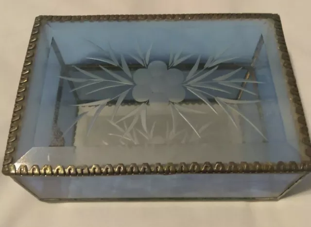 Stained Glass Box Handmade Hinged - Floral design etched on lid
