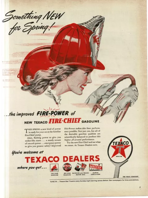 1946 Texaco Fire Chief Gas Gasoline pretty girl wearing Red Fireman Helmet Ad