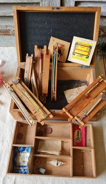 Lot De Pêche Ancien Dans Boîte En Bois - Moulinet, Plombs, Flotteurs Vintage - Occasion Fonctionnel