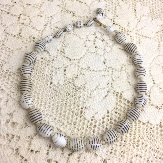 Vintage Milk Glass Necklace White Hand Painted Barrel Beads Gold West Germany