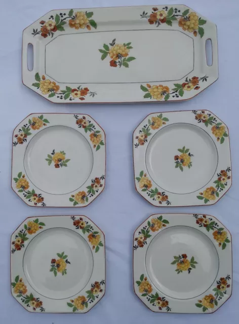 Myott Son & Co Serving Tray +  4 Plates Vintage Set Flower Design White England