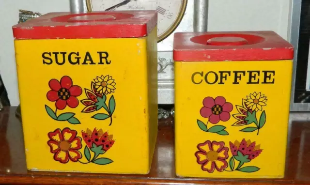 Vintage Set of 2 1960s Retro Coffee Sugar Flower Wooden Canisters