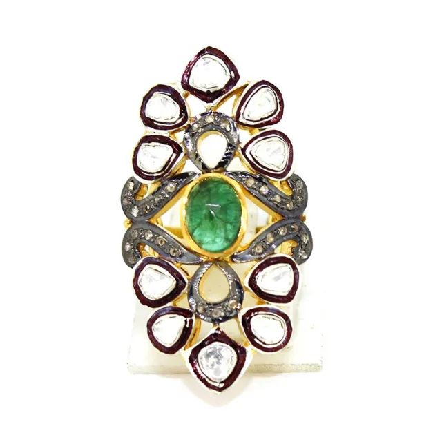 Green Emerald Stone Diamond Ring 925 Sterling Silver Polki & Pave Diamond Ring