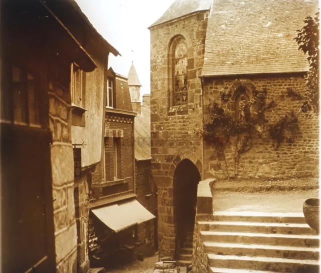 FRANCE Mont Saint-Michel Eglise c1930 Photo Plaque de verre Stereo Vintage 