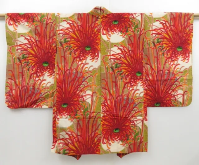 2804T09z440 Vintage Japanese Kimono Silk MEISEN HAORI Chrysanthemum Dark red
