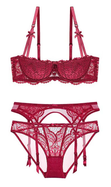 Ensemble lingerie fine 3pcs rouge vin à dentelle, sous-vêtement sexy