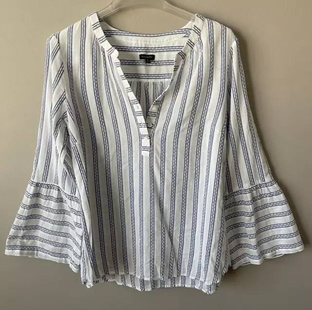 TALBOT'S Top Womens MED Button Bell Sleeve Popover Blue Nautical Stripe