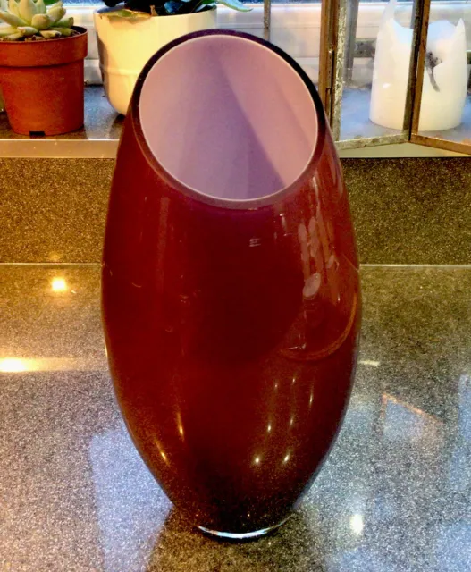Vintage Hand Blown Cased White to Plum Art Glass Vase 1960s Stunning 9 Inch