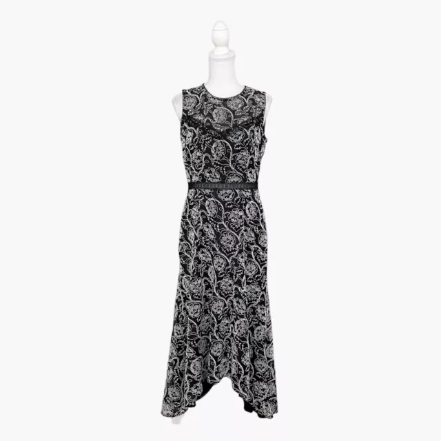 ML Monique Lhuillier Petra Dress Size 6 Black Lace Midi Floral Sleeveless